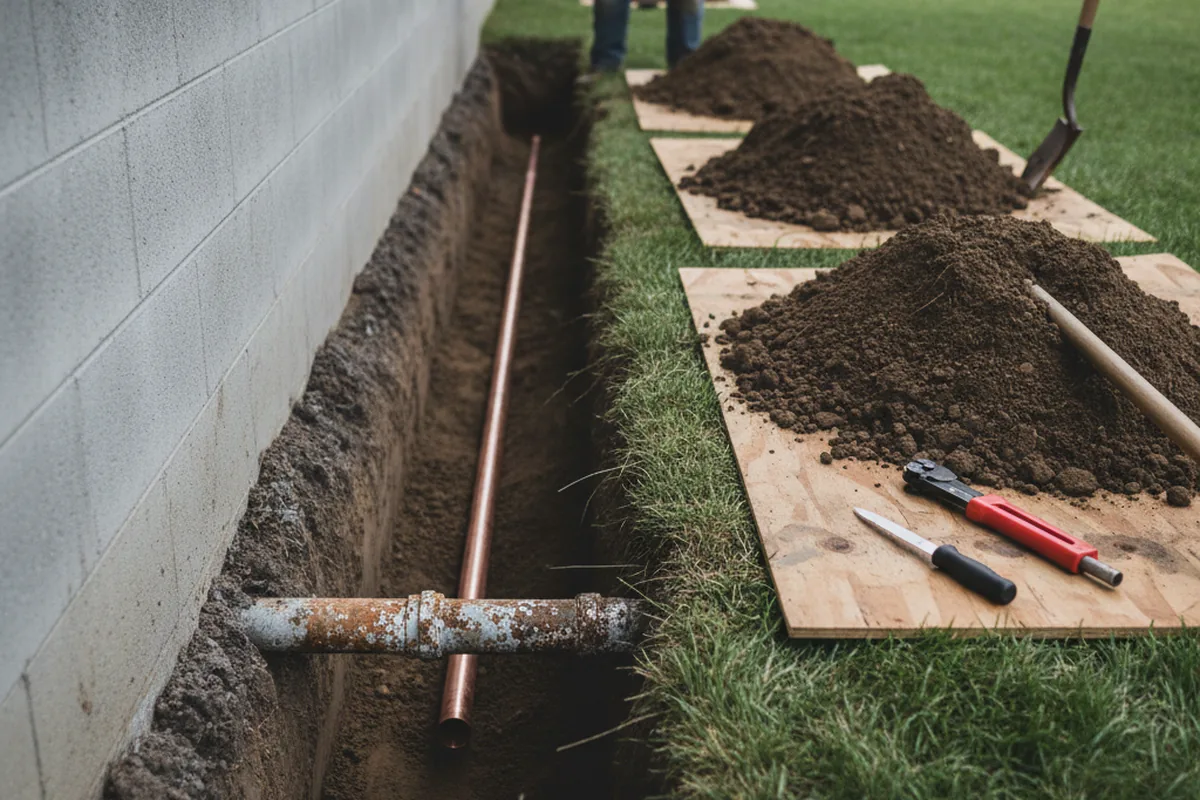 Excavated water line trench during Water Softener Installation in Ashaway